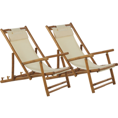 Beliani Chaises longues Beliani 2 Transats Chaises Chiliennes Pliantes et Réglables en Bambou Clair et Tissue Blanc Cassé avec Accoudoirs pour Extérieurs Modernes