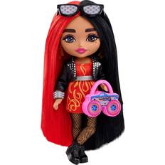 Barbie docka, Barbie Extra Minis-docka med rött och svart hår, barnleksaker, eldmönstrad klänning och MC-jacka, liten docka, kläder och accessoarer, HKP88