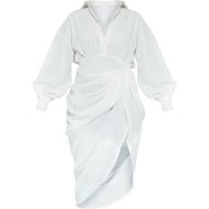 PrettyLittleThing Balloon Sleeve Gathered Skirt Midi Shirt Dress - White