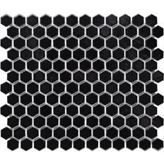 Flat Floor Tiles Merola Tile Metro Hex 1 Glossy Black 10-1/4 x11-7/8 Porcelain Mosaic Floor and Wall Tile 8.6 sq.ft. /Case, Glossy Black High