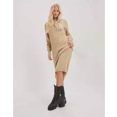 Selected Curved Ribbed Knitted Dress - Beige