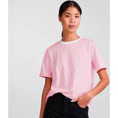 Pieces Stribet Bomulds O-neck T-shirt - Bright White