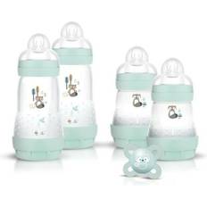 Mam Biberones Mam Set zur Geburt Nature Aqua (4 Fläschchen 1 Schnuller 1 Doseusbox) Easy Start Anti-Colic Babyflaschen ab der Geburt, mit extra weichem Silikonschnuller, grau, 9001616822391