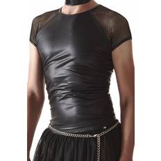 schwarzes T-Shirt in Wetlook-Optik mit Netzarmen