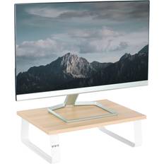 White desk with wood legs Vivo 15 Desktop Stand Monitor Riser Desk Organizer Light Wood Top White Legs