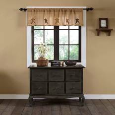 VHC Brands Stratton Primitive 16 x 60 in Burlap Star Valance Tan Rod Pocket Appliqued Cotton Kitchen Window Curtains