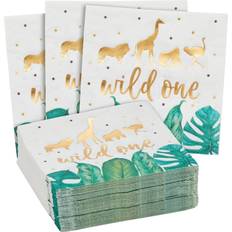 Green Paper Napkins Sparkle and Bash Wild One Safari Birthday Party Paper Napkins (5 x 5 Inches, 50 Pack)