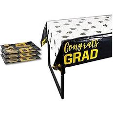 Gold Table Cloths Black and White Plastic Tablecloths, Graduation Party Supplies (54 x 108 In, 3 Pack) Multicolored