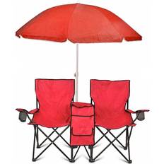 Folding chair with umbrella GoTeam GoTeam Portable Double Folding Chair w/Removable Umbrella, Cooler Bag and Carry Case Red