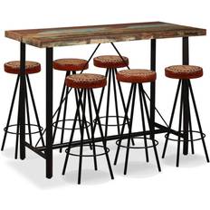 vidaXL Mesa Y 6 Taburetes Madera Maciza Reciclada Cuero Real Lona Taburete de bar