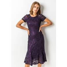 Roman Metallic Lace Sequin Midi Dress - Purple