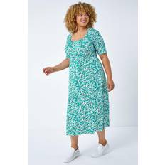 Roman Curve Floral Print Midi Dress - Green