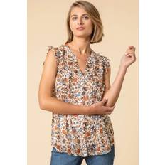 Orange - Women Blouses Roman Floral Print Pintuck Detail Top