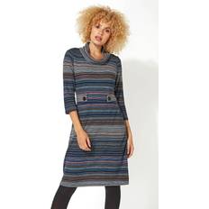 Roman Stripe Cowl Neck Button Detail Dress - Grey