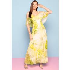 Long Dresses - Yellow Roman Leaf Print Cold Shoulder Maxi Dress