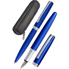 Arti e Mestieri Online Set Eleganza Fountain Pen & Ballpen I Satin Blue I Nib Size M I Metal Clip I Retractable Biro I Fountain-Pen for Standard Ink Cartridges Or