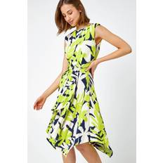 Roman Leaf Print Tie Waist Hanky Hem Dress