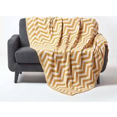 Yellow Blankets Homescapes 130 Chevron Cotton Knitted Blankets Grey, Yellow, White