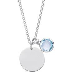 Jewelco London Silver Light Blue CZ Birthstone Round Tag Necklace 15mm