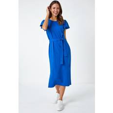 Roman Ruffle Sleeve Belted Cotton Midi Dress - Royal Blue