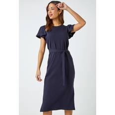 Roman Ruffle Sleeve Belted Cotton Midi Dress - Navy