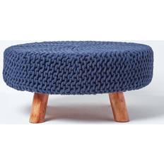 Homescapes Grand Pouf Tressé En Tricot Et Pieds En Bois - Bleu Marine Repose-pied