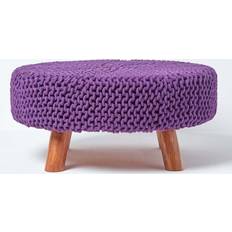 Homescapes Grand Pouf Rond En Coton Tricoté Violet Avec Pieds Repose-pied