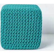 Noir Poufs Homescapes Cube Tressé En Tricot - Vert Turquoise Pouf