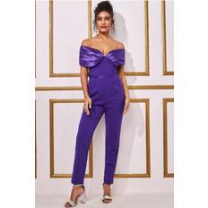 Purple - Women Jumpsuits & Overalls Goddiva Corset Bodice Scuba & Satin Bardot Jumpsuit