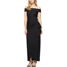Alex Evenings Slimming Long Side Ruched Dress with Cascade Ruffle Skirt Black