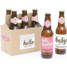 Pink Hand & Footprints Hello Little One Pink & Gold Baby Shower Decor 6 Beer Bottle Labels & 1 Carrier Pink