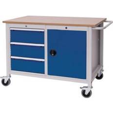 Werkbank B1250xT750xH935mm Buche, Multiplex lichtgrau/signalblau 3 Schubl.1 Tür