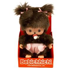 Docka med blöja Monchhichi Sekiguchi 235380 Original Bebichhichi-flicka, plyschfigur med rosa blöja och flätor med rosettar, ca 15 cm gosedjur av brun plysch