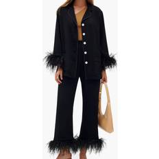 Feather-Trim Party Pajama Set BLACK