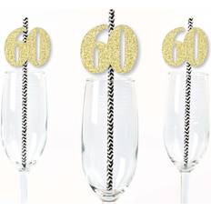 Gold Glitter 60 Party Straws No-Mess Real Gold Glitter Cut-Out Numbers & Decorative 60th Birthday Paper Straws -24 Ct