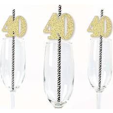 Gold Glitter 40 Party Straws No-Mess Real Gold Glitter Cut-Out Numbers & Decorative 40th Birthday Paper Straws -24 Ct