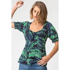 Roman Leaf Print Puff Sleeve Tie Detail Top