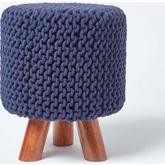 Homescapes Pouf Tressé En Tricot Et Pieds En Bois - Bleu Marine Repose-pied