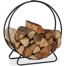 Relaxdays Firewood Rack, Round Log Cradle, Stacking Aid, Steel, Indoor Use, HxWxD 65x61x26 cm, Black