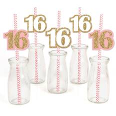 Birthdays Straws Big Dot of Happiness Sweet 16 Paper Straw Decor Birthday Party Striped Decorative Straws Set of 24