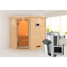 Saunaheizungen Karibu Woodfeeling Sauna Jella mit Eckeinstieg Ausführung:Mit Dachkranz Saunaofen:Ofen 3,6 KW externe Strg.modern