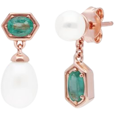 Gemondo Mismatched Drop Earrings - Rose Gold/Pearl/Emerald