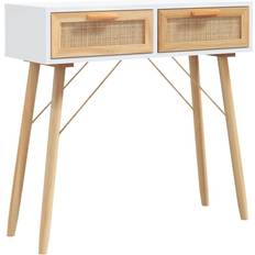 Pin Tables Console vidaXL Blanc 80x30x75 cm Bois Massif Pin / Rotin Naturel Table Console