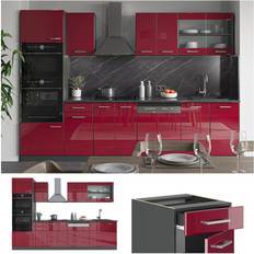 Muebles de Cocina VICCO Mueble de cocina R-Line, Burdeos brillo intenso/antracita, 300 cm con armario alto, sin encimera