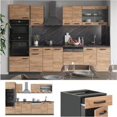 Mobili da Cucina VICCO Cucina componibile R-Line, Quercia dorata/antracite, 300 cm con armadio alto, senza piano di lavoro