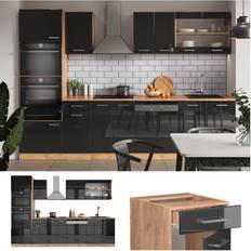 Vicco Cuisine R-Line, Anthracite brillant/Chêne doré 300 cm avec armoire haute, sans plan de travail