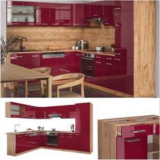 Muebles de Cocina VICCO Cocina esquinera R-Line, Burdeos brillo intenso/roble dorado, 227 x 287 cm sin encimera