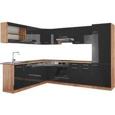 Muebles de Cocina VICCO Cocina esquinera R-Line, Antracita brillo intenso/roble dorado eléctrico, 227 x 287 cm sin encimera