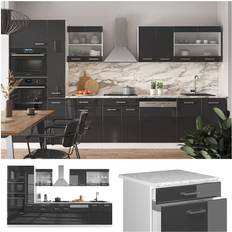 Meubles de Cuisine VICCO Ligne de cuisine R-Line, Anthracite brillant/blanc, 350 cm avec armoire haute, pt Marbre