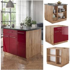 Muebles de Cocina VICCO Isla de cocina Fame-Line, Burdeos brillo intenso/roble dorado, 90 cm con cajón, sin encimera